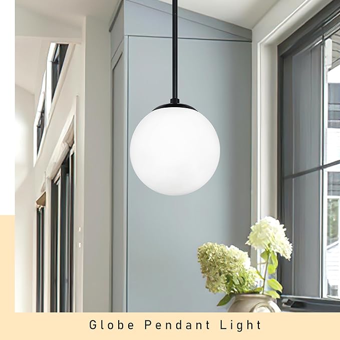 Bagood 6 Inch Globe Pendant Light Black Mid Century Modern Globe Light Fixture Mid Century Milk Glass Pendant Lamp Matte Black Finished with Milk Glass Lampshade for Kitchen Island