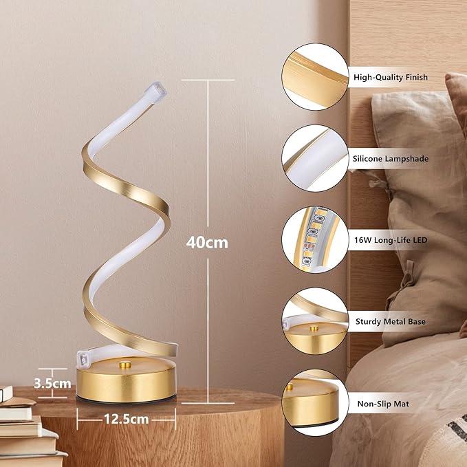 NUÜR Gold Infinity Spiral LED Table Lamp, Dimmable Metallic Bedside Lamp with Touch Controller, 3 Colour Temperature, 15.8 Inch Height, Decorative Lamp for Home, Living Room & Office