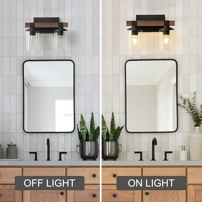 GoYeel Farmhouse Vanity Lights for Bathroom, Wooden Rustic Vanity Lighting fixtures 2-Light Bathroom Lights Over Mirror Vintage Wall Sconce Lighting with Clear Glass Shade for Bedroom Hallway
