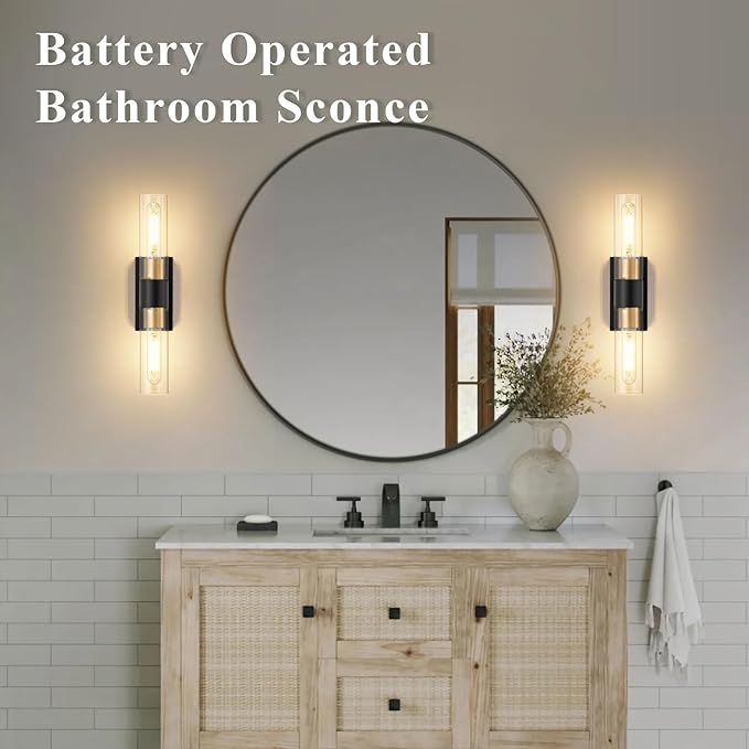 Battery Operated Wall Sconce Set of 2 with Remote Control, 12000mAh Rechargeable Wall Lights, Wireless Dimmable Wall Lamps for Bedroom Living Room Bathroom Hallway Entryway Stairwell, Black & Gold