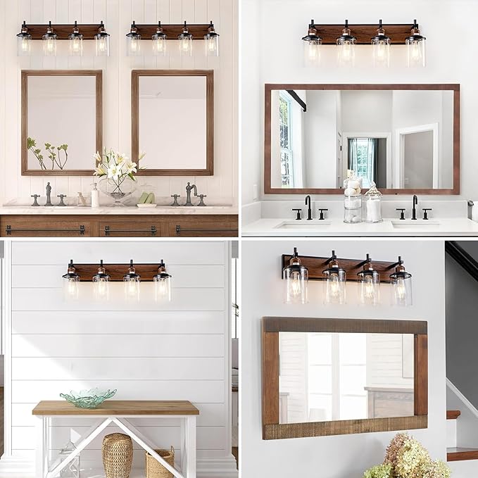Lanhall 4-Light Farmhouse Bathroom Light Fixtures Vintage Bathroom Vanity Lights Over Mirror Black and Wood Painted Metal Vanity Light for Bathroom with Glass Shades E26 Socket