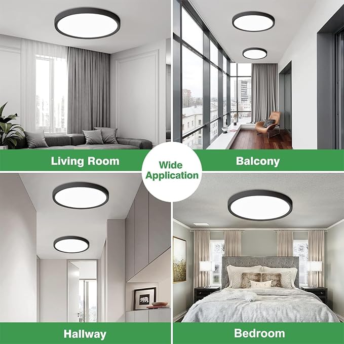 12 Inch 12PK Dimmable LED Flush Mount Ceiling Light,2700K/3000K/4000K/5000K/6000K CCT Selectable, Round Flat Panel Ceiling Lamp for Bedroom/Bathroom/Living Room (Black, 12" 12PK)