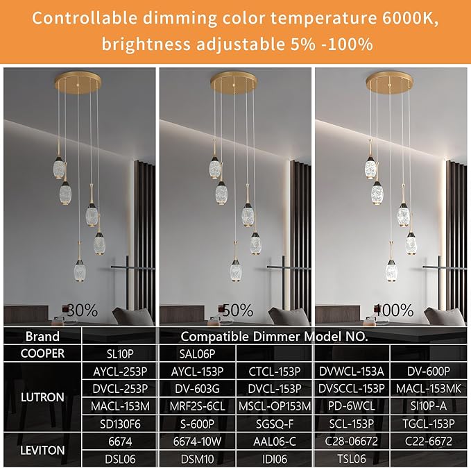 Modern Black Gold Pendant Light Dimmable LED Ceiling Light Fixtures Mini Teardrop Crystal Pendant Lighting for Kitchen Island Bedroom Hallway Entryway (5 Light,Champagne Gold)