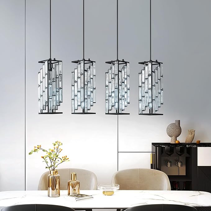 4-Light Adjustable Pendant Light, Modern Mini Crystal Chandelier with Black Metal Frame, Kitchen Island Lighting for Dining Room, Bedroom, Easy Installation