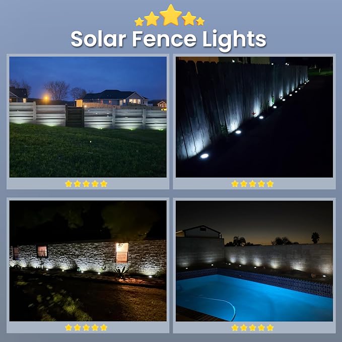 GIGALUMI Solar In-Ground Fence Lights - No-Drill Fence Lighting Solution, Waterproof Perimeter Lights Compatible with Wood, Metal & Concrete Fences (16 Pack Cool White)