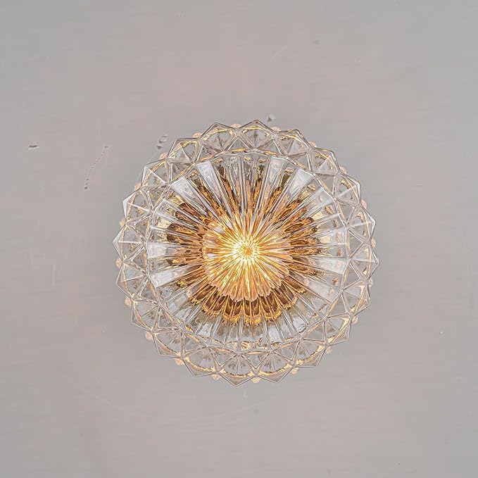 EDISLIVE 7.5" Glass Semi Flush Mount Ceiling Light Vintage Globe Ceiling Lamp with Clear Plaid Glass for Hallyway Foyer Bedroom Dinning Room Gold