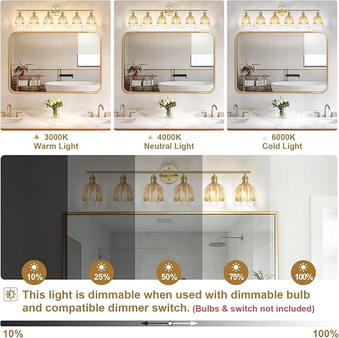 Vintage Bathroom Light Fixtures,6-Light Hardwired Vanity Lights with Amber Tulip Glass Shade,Gold Bathroom Vanity Light for Mirror Restroom,E26 Socket,40.55 in(Bulbs Not Included)