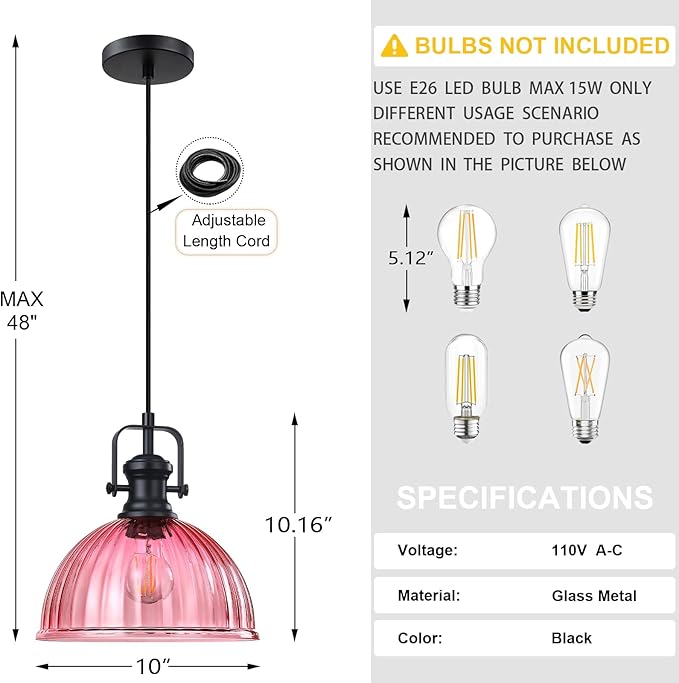 Leading Lighting 1 Light Pendant Light Hanging Modern Farmhouse Indoor Fixture 10" Pink Textured Glass Black Finish Dinning Over Sink Kitchen Island