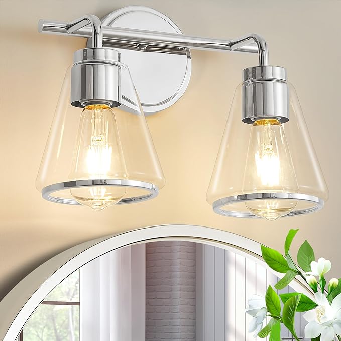 Bathroom Light Fixtures Over Mirror Polished Nickel Vanity Light 2-Lights Bathroom Vanity Lights with Clear Glass Shade 14 inch Vanity Lighting Fixtures Modern Wall Sconces Bath Light