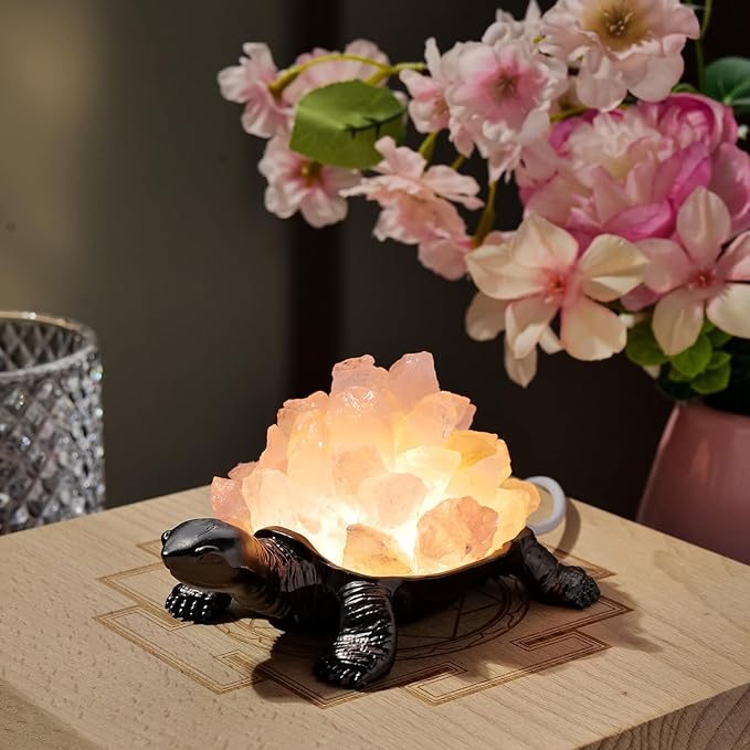 Runyangshi Natural Rose Quartz Turtle Night Lamp Healing Crystal Bedroom Bedside Table Lamp USB Port Home Decor Women Men Gift
