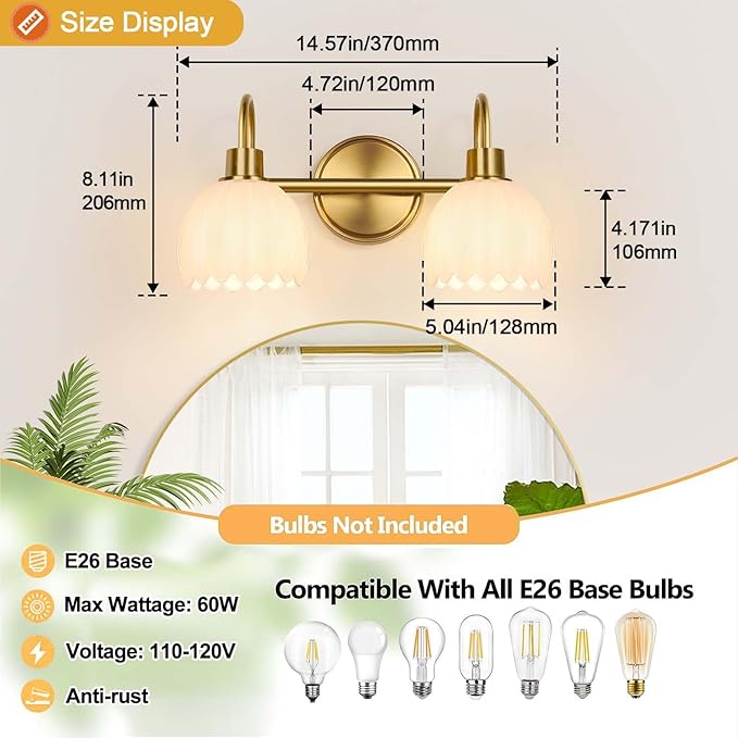 Bathroom Light Fixtures, 2-Light Gold Vanity Light Fixtures with White Tulip Glass Shades, Bathroom Lighting Fixtures Over Mirror for Bedroom, Living Room & Hallway (Bulbs Not Included)