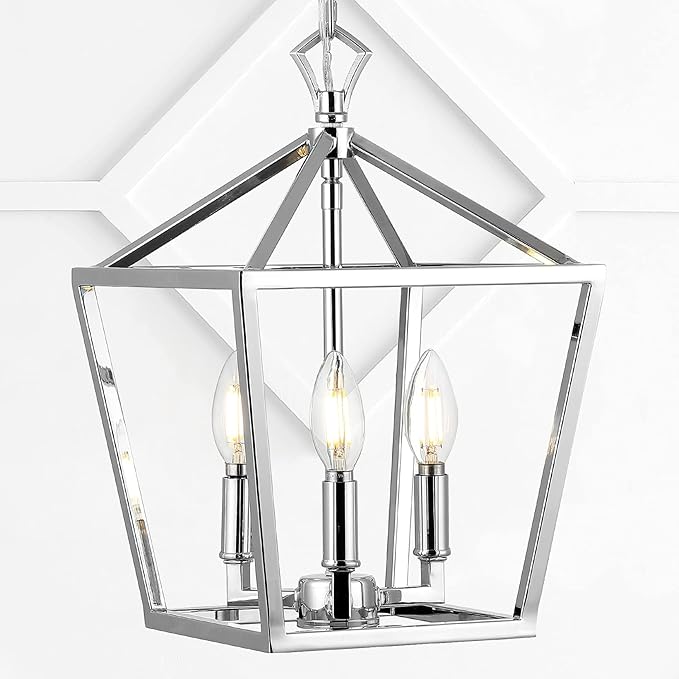 JONATHAN Y 10" Chrome 3-Light Pagoda LED Pendant Lantern, Classic Modern Farmhouse Chandelier for Kitchen Island, Dining Room, Entry, Foyer, Rustic Iron Frame (JYL7601C)