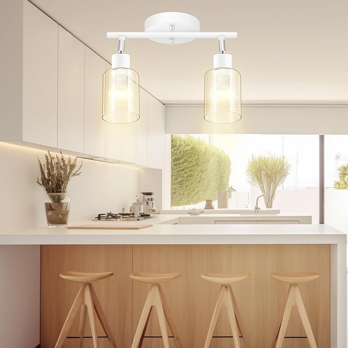 BoostArea 2-Light Bathroom Light Fixtures, White Modern Vanity Wall Lights with Clear Glass Shade, Flexibly Ceiling Light for Mirror Kitchen Living Room Hallway Cabinet Porch