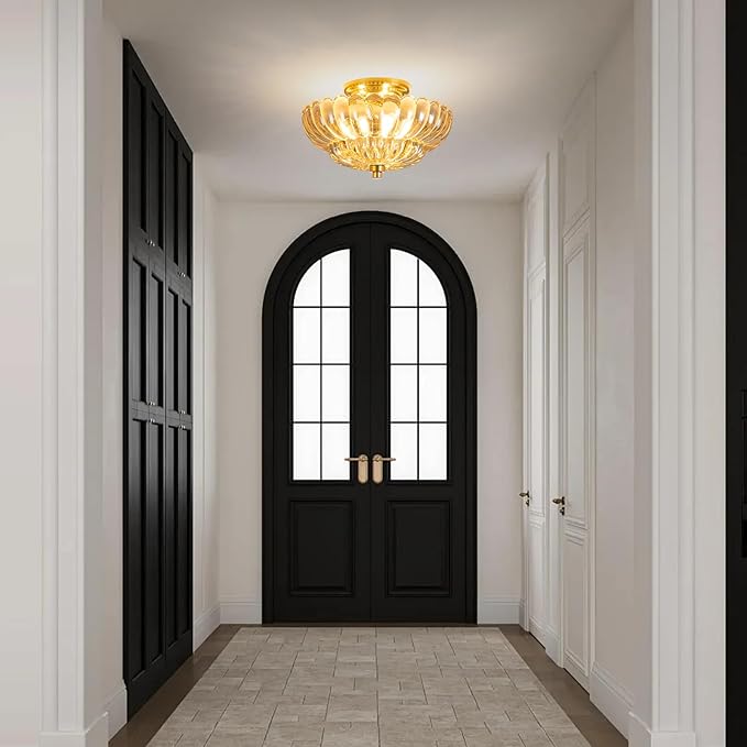 Modern Semi Flush Mount Ceiling Light, Amber Glass Hallway Ceiling Light Fixture, E26 Vintage Gold Close to Ceiling Light Fixture for Kitchen, Living Room, Porch, Entryway
