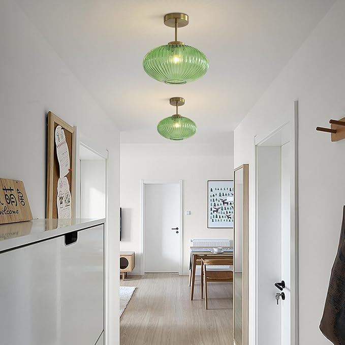 KCO Lighting Vintage Green Ribbed Glass Flush Mount Light Brushed Gold Semi Flush Mount Ceiling Globe Hallway Ceiling Light Fixture
