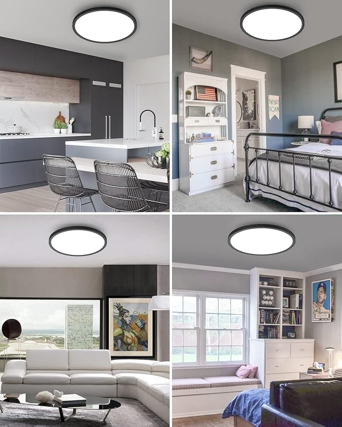 slochi 6PACK LED Black Flush Mount Ceiling Light Fixture, 12Inch 28W Ceiling Light, Dimmable & 3000K/4500K/6000K 3 Color Adjustable Round Ceiling Lights 3200LM for Kitchen Bedroom