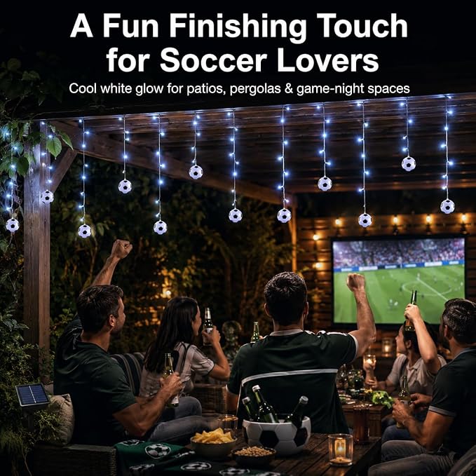 Solar Soccer String Lights, 11.5FT Soccer Ball Curtain Lights with 96 LEDs & 24 Hanging Strands, 8 Modes Timer Outdoor Soccer Party Decorations for Patio Game Day Fan Room