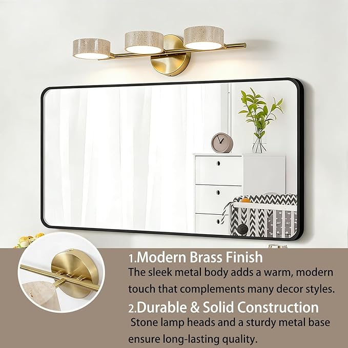 LED Mirror Light with 3 Travertine Stone Shades, Bathroom Vanity Wall Sconce, 360° Rotatable Stone Lampshades, Modern Rustic Wall Lamp for Bedroom, Living Room, Hallway (Gold-Metal)
