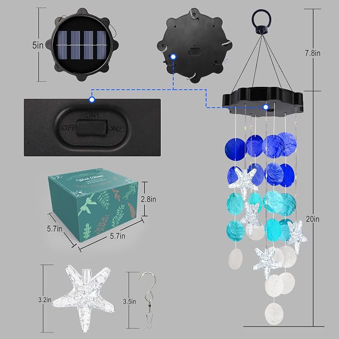 Solar Shell Gift for Mom Grandma Girls, White & Blue Solar Wind Chimes for Outside, Outdoor Decorative Mobile Lights for Garden, Yard, Patio, Window, Party, Outdoor Decorations