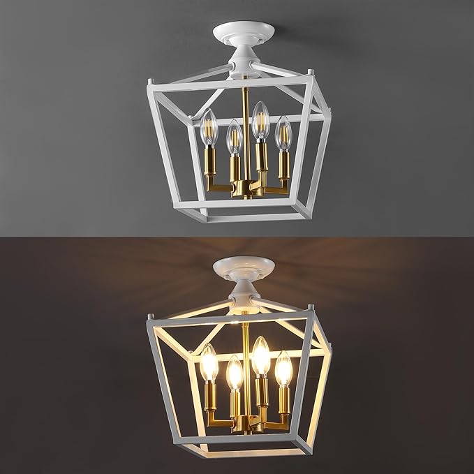 JONATHAN Y 12" White/Brass Gold Modern Farmhouse Pagoda 4-Light LED Semi Flush Mount Lantern, Metal Ceiling Light Fixture for Kitchen, Hallway, Entryway, Bedroom, Hardwired (JYL7610F)