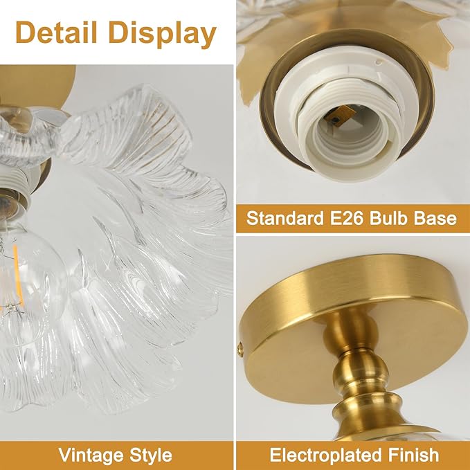 Semi Flush Mount Ceiling Light Fixture, 11in Clear Glass Vintage Light Fixtures Ceiling for Hallway Kitchen Foyer Entryway Bedroom, E26 Base