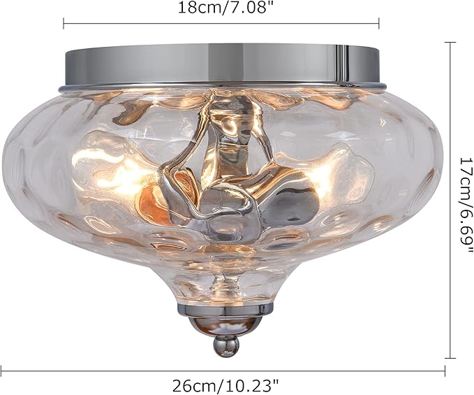 EDISLIVE Modern 2-Light Hammered Glass Flush Mount Light Pendant Ceiling Light Fixture 10.2" Indoor Ceiling Light for Hallyway Foyer Bedroom(Chrome)
