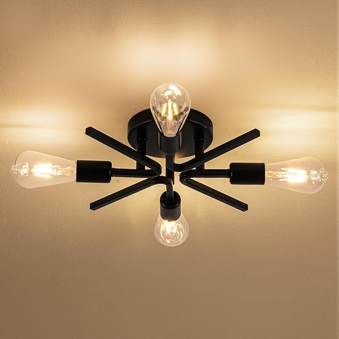 4 Light Farmhouse Sputnik Lighting Fixtures Ceiling Fixtures Black Industrial Flush Mount Lamp Hallway Light Fixture Sputnik Ceiling Lighting for Kitchen Living Room Bedroom Foyer Entryway E26