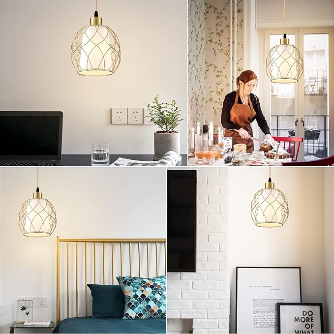 Ruzectt Plug in Pendant Light, Gold Hanging Lamp with Dimmable Switch, 15 ft Golden Cotton Cord, Hanging Light Fixture for Kitchen, Living Room, Bedroom (Bulb Included)
