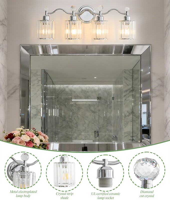 Chrome Bathroom Vanity Light, Modern Crystal Bathroom Ligth Fixture, 4 Light Vanity Lights, Light Fixtures Above Mirror, Wall Lamp for Mirror Living Room Cabinet Bedroom Porch