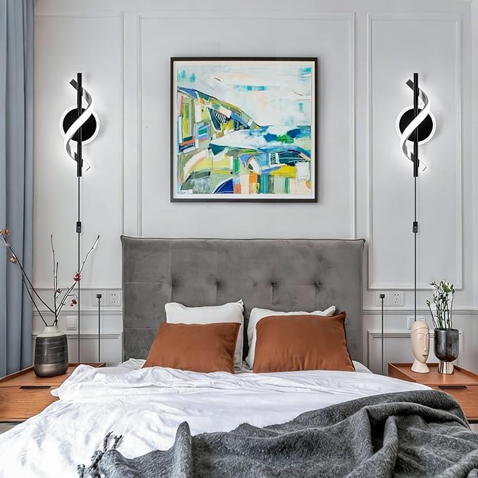 EIDISUNY Plug in Wall Sconces Sets of 2, 12W LED Wall Mount Lights, Modern Spiral Wall Lamp, 6000K Cold Modern Light Fixture for Stairs, Living Room, Bedroom, Aisle, Hallway