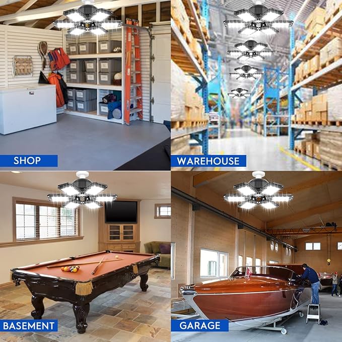 4 Pack LED Garage Lights 180W Deformable 18000LM Close to Ceiling Light Fixtures E26 E27 Screw-in Six Leaf Glow Lighting, Ultra Bright LED Shop Light with 6 Adjustable Panels for Work Shop Warehouse