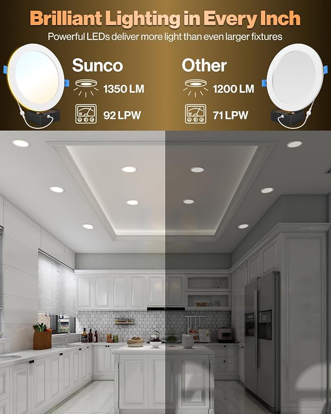 Sunco 6 Pack 8 Inch LED Slim Down Light Residential Ambient Home Indoor Living Room Bedroom Bathroom, 1350 Lumens, 13W (100W Equivalent) Selectable CCT 2700K/3000K/4000K/5000K/6000K, 0-10V Dimmable.