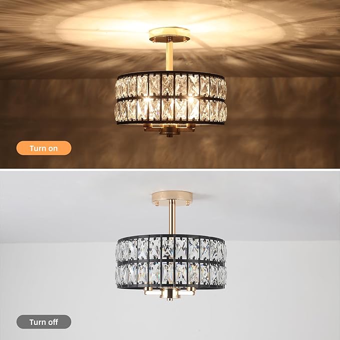Crystal Ceiling Light Fixture, 12.6" Black and Rose Gold Semi Flush Mount Ceiling Light Fixture 3 Lights Modern Drum Round Crystal Chandeliers for Entryway Kitchen Hallway Bedroom Living Room