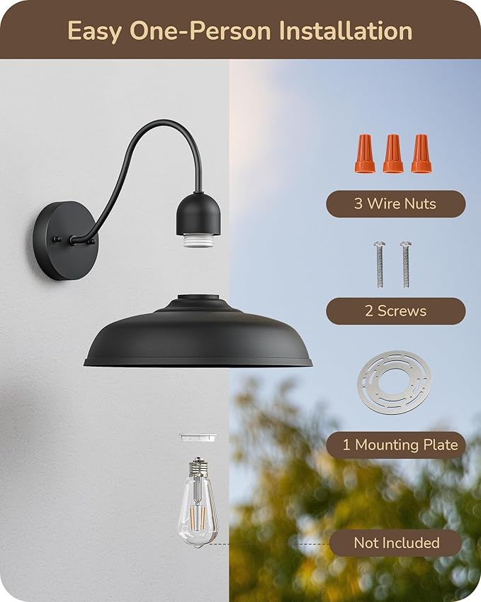 EDISHINE 2 Pack Gooseneck Barn Light Fixture, 12IN Outdoor Wall Light, Farmhouse Outside Wall Sconce, Black Matte Wall Mount Lantern for Porch, Entryway, Garage