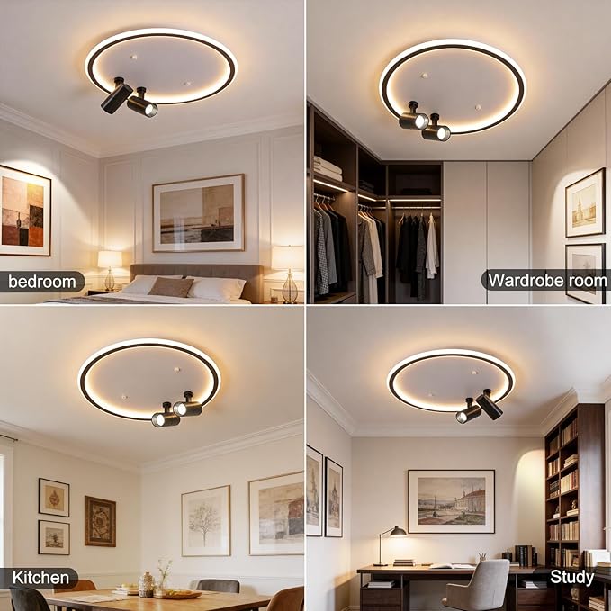Modern LED Bedroom Ceiling Light, 2 Adjustable Spotlights, Dimmable Round Close to Ceiling Lamp, Black White Minimalist Lighting for Living Room Bedroom Kitchen Dining Room