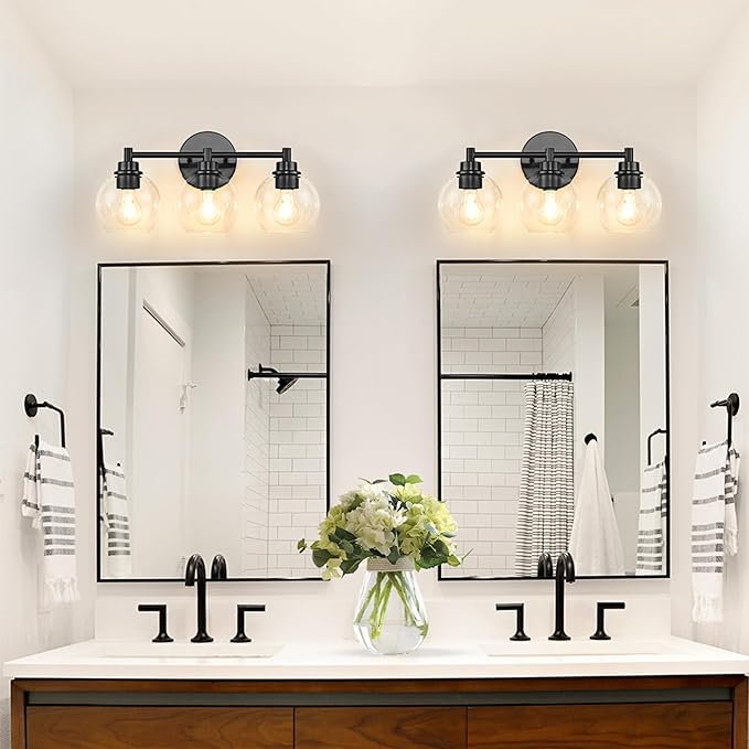 Black Bathroom Vanity Lights, 3-Light Wall Sconce with Glass Globe Shade, Vanity Lighting for Bathroom/Bedroom/Dressing Room, Vertical/Horizontal Mounted, E26 Bulb Base (Bulb Not Included)