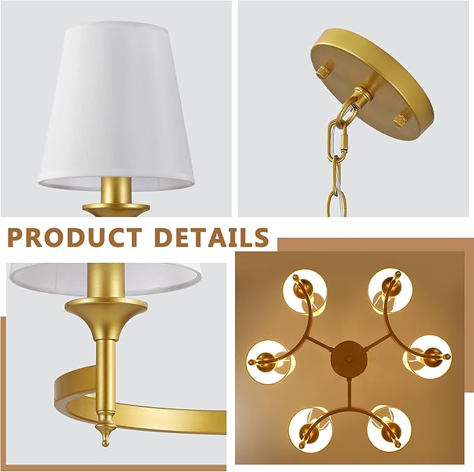 Gold Modern Farmhouse Chandelier, 27.2" 6-Light Round Pendant Light with White Fabric Shades, Adjustable Hanging Fixture for Dining Room Over Table Kitchen Island Living Room