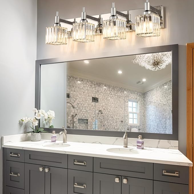 Modern Crystal Bathroom Vanity Light 4-Light Wall Light Fixtures Over Mirror Chrome Vanity Lighting for Bathroom Square Shade Wall Sconce