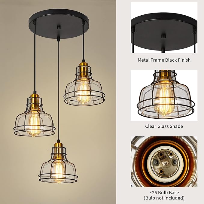WILON Pendant Lighting for Kitchen Island, Industrial 3 Light Pendant Ceiling Light Fixture, Farmhouse Chandelier for Dining Room Cluster Pendant Light Fixtures Hanging Light with Clear Glass Shades
