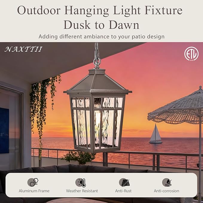 Dusk to Dawn Outdoor Hanging Lantern Lights 15.2 Inch Large Porch Pendant Lights for House Doorway Aluminum Waterproof Outdoor Pendant Light with Water Ripple Glass E26 Socket