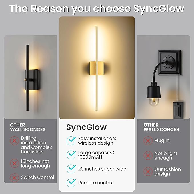 Battery Operated Wall Sconces Set of Two, 10000mAh Rechargeable Wall Lights with Remote Control, 360° Rotate Dimmable Gold LED Cordless Lamps for Bedroom, Living Room, Hallway, 29 Inch, 3CCT