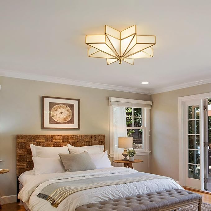 Star Brass Glass Ceiling Light - 19.7 In Large Gold Flush Mount Fixture - Art Deco Mid Century Vintage Modern Moravian Lighting Lights for Bedroom Dining Kitchen Foyer Farmhouse Living Room