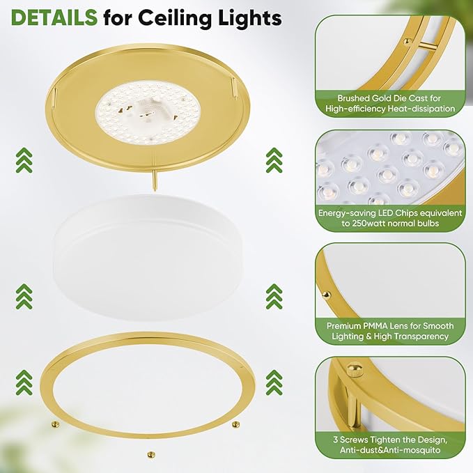 13 Inch LED Flush Mount Ceiling Light, Gold Kitchen Light Fixture with 2700K/3000K/4000K/5000K/6500K 5 Color Adjusted, Dimmable Modern Round LED Light for Bedroom Bathroom Living Room Laundry, 1-Pack