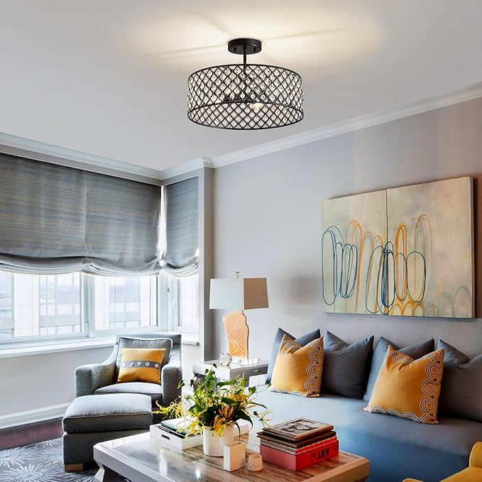 Black Crystal Ceiling Light Fixture,Modern Semi Flush Mount Ceiling Lighting Fixture,Round Small Chandelier for Dining Room, Hallway, Entryway, Kitchen, Bedroom,Foyer,4 Light,15.7 inch