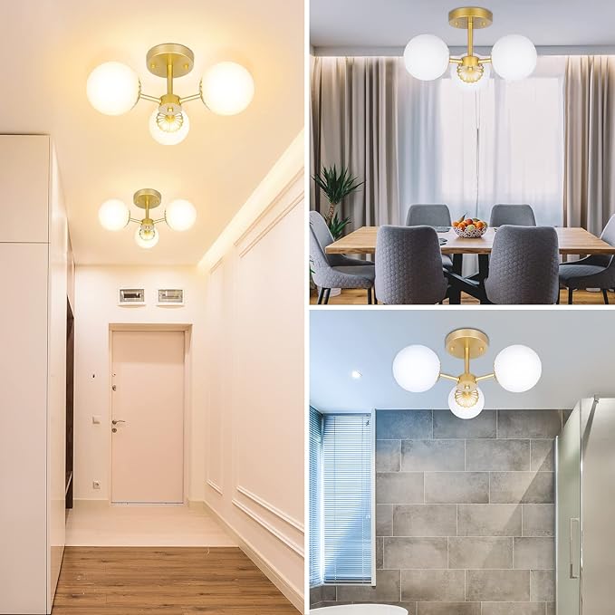 3 Lights Gold Chandelier Mid Century Modern Light Fixture, Gold Semi Flush Mount Ceiling Light with Frosted Globe Glass for Living Room, Bedroom, Nursery Room & Office Ceiling Light (Bulbs Included)