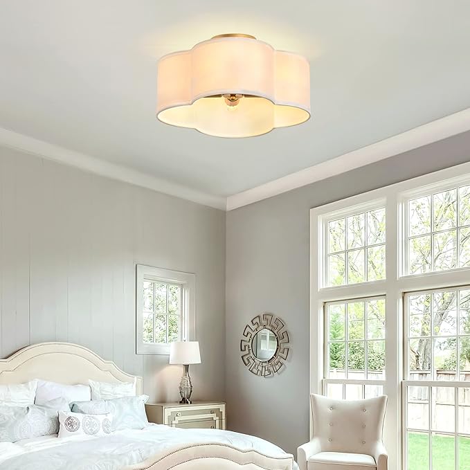 Gold 4-Light Semi Flush Mount Ceiling Light, White Fabric Close to Ceiling Light Fixtures, Clover Drum Ceiling lamp for Bedroom, Hallway, Kitchen, Corridor, Lanudry Room, Nursery
