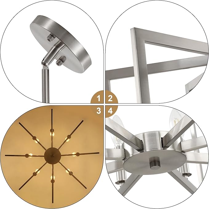 Klgxnrd 8-Light Modern Farmhouse Brushed Nickel Chandeliers for Dining Room, Large Industrial Kitchen Table Chandelier, Metal Geometric Hanging Light Fixture for Living Room Entryway Foyer Stairway