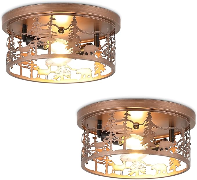 2 Pack Rustic Bear Flush Mount Ceiling Light Fixture, 11" Round Farmhouse Vintage Industrial Metal Cage Light, Perfect for Kitchen, Dining Room, Foyer Entryway, Cabin, Loft Lighting