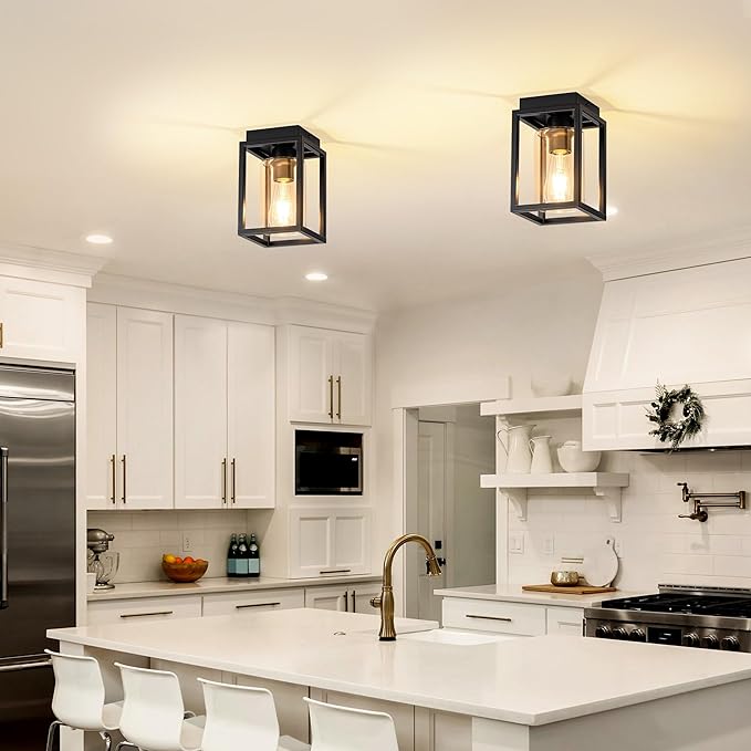Mayful Flush Mount Ceiling Light Fixture with Clear Glass Shade, Farmhouse Black Metal Frame Light Fixture for Kitchen Island Entryway Porch Foyer Dining Room, E26 Ceramic Base,2 Pack