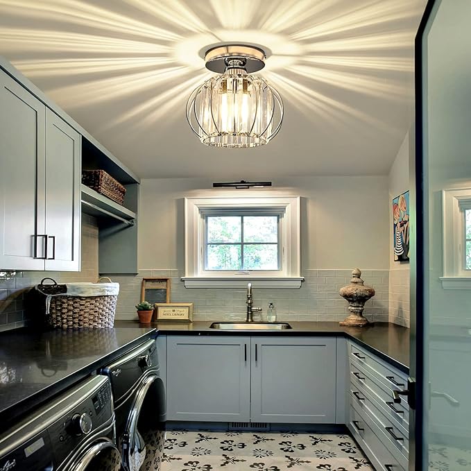 YYJLX Modern Semi Flush Mount Ceiling Light Fixture E26 Mini Crystal Chandelier Chrome Small Ceiling Lamp for Entryway Bedroom Bathroom Hallway Closet Foyer (Silver